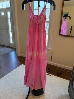 Pink Tiered Maxi Dress with Lace Trim
